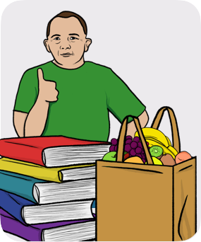 Illustration of a pile of books, a bag with food and a man thumbs up, evoking social benefits